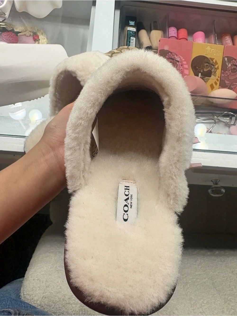 Coach brown and white cuffed fur slippers 🍂